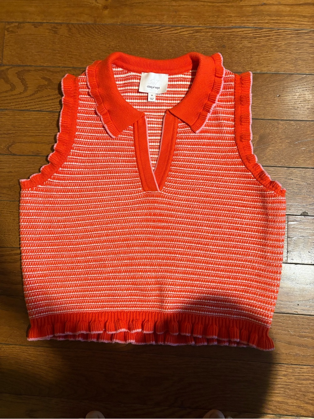 cinq a sept Red-White Striped Knit Polo Tank with Ruffle Hem